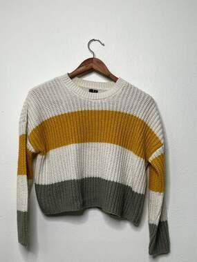 Women’s Colorblock Striped Chunky Knit Cropped Sweater Retro 90s Cozy Pullover